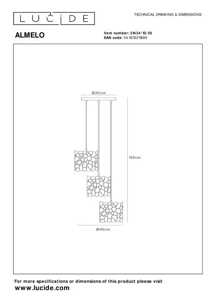 Lucide ALMELO - Pendant light - 3xE27 - Black - technical